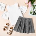 2-piece Kid Girl Cold Shoulder Short-sleeve White Tee and Houndstooth Skirt Set BlackandWhite