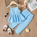 2pcs Toddler Girl 100% Cotton Solid Color Peplum Crepw Camisole and Elasticized Pants Set Blue image 3