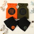2-piece Toddler Boy Letter Print Sleeveless Hooded Tee and Elasticized Shorts Set Army green