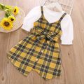 Toddler Girl Faux-two Plaid Button Design Belted Irregular Puff-sleeve Dress Yellow