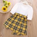Toddler Girl Faux-two Plaid Button Design Belted Irregular Puff-sleeve Dress Yellow
