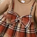 100% Cotton 2pcs Baby Girl Apricot Ribbed Splicing Plaid Bowknot Dress Set Apricot