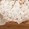 2pcs Baby Girl Solid Ribbed Long-sleeve Splicing Floral Print Ruffle Bowknot Romper with Headband Set Khaki