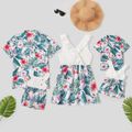 Family Matching Ruffle Cross Wrap V Neck Sleeveless Splicing Tops and All Over Floral Print Shirts White