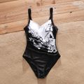 Family Matching Black and White Floral Print Swim Trunks Shorts and Spaghetti Strap One-Piece Swimsuit Black