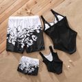 Family Matching Black and White Floral Print Swim Trunks Shorts and Spaghetti Strap One-Piece Swimsuit Black