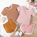 2pcs Baby Boy/Girl 95% Cotton Ribbed Short-sleeve Striped Tee and Shorts Set Light Pink