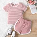2pcs Baby Boy/Girl 95% Cotton Ribbed Short-sleeve Striped Tee and Shorts Set Light Pink