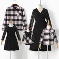 Family Matching Black Lace Long-sleeve Splicing Dresses and Plaid Shirts Sets Black/White
