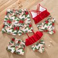 Family Matching All Over Tropical Plants Print Swim Trunks Shorts and Spaghetti Strap Ruffle Two-Piece Bikini Set Swimsuit Red image 2