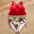 Family Matching All Over Tropical Plants Print Swim Trunks Shorts and Spaghetti Strap Ruffle Two-Piece Bikini Set Swimsuit Red image 3