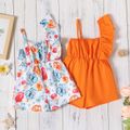 Toddler Girl Floral Print/Orange Ruffled Cami Romper Multi-color