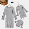 Grey Ribbed Long-sleeve Round Neck Casual Slim Fit Dress for Mom and Me Light Grey