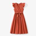 Family Matching 100% Cotton Crepe Solid V Neck Flutter Sleeve Dresses and Short-sleeve Plaid Shirts Sets Orange red