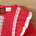 100% Cotton Baby Girl Bowknot Lace Decor Red Ruffle Long-sleeve Jumpsuit Red