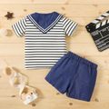 2pcs Toddler Boy Casual Denim Shorts & Sailor Collar Stripe Tee Set Blue