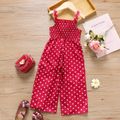 Toddler Girl Polka dots Smocked Sleeveless Strap Jumpsuit Red
