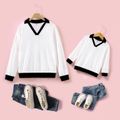 Letter Embroidered Splicing Lapel V Neck White Long-sleeve Textured Tops for Mom and Me BlackandWhite
