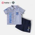 PAW Patrol 2pcs Toddler Boy Striped Pocket Design Lapel Collar Shirt and Elasticized 100% Cotton Shorts Set Grey image 1