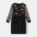 Floral Embroidered Mesh Splicing Black Long-sleeve Mini Dress for Mom and Me Black