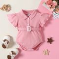 Baby Girl Solid Waffle Ruffle Sleeve Button Up Belted Romper Pink
