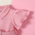 Baby Girl Solid Waffle Ruffle Sleeve Button Up Belted Romper Pink