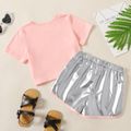 2-piece Kid Girl Face Graphic Print Crop Tee and Metallic Dolphin Shorts Set Pink