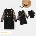 Floral Embroidered Mesh Splicing Black Long-sleeve Mini Dress for Mom and Me Black
