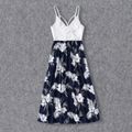 Family Matching White Spaghetti Strap Ruffle V Neck Splicing Floral Print Dresses and Short-sleeve T-shirts Sets Blueblackwhite image 2