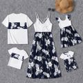 Family Matching White Spaghetti Strap Ruffle V Neck Splicing Floral Print Dresses and Short-sleeve T-shirts Sets Blueblackwhite image 1