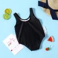 Baby Girl Layered Lace Design Swan Print Sleeveless One-Piece Swimsuit BlackandWhite