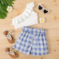 2-piece Kid Girl One Shoulder Flounce Sleeveless Tee and Belted Plaid Paperbag Shorts Set Blue image 5