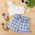2-piece Kid Girl One Shoulder Flounce Sleeveless Tee and Belted Plaid Paperbag Shorts Set Blue image 1