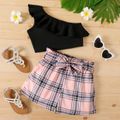 2-piece Kid Girl One Shoulder Flounce Sleeveless Tee and Belted Plaid Paperbag Shorts Set Black