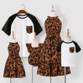 Family Matching Brown Leopard Halter Neck Sleeveless Belted Dresses and Raglan-sleeve T-shirts Sets Brown image 1