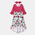 Rose Red Flared Half Sleeve Splicing Floral Print Flowy Ruffle Hem Midi Dress for Mom and Me Hot Pink