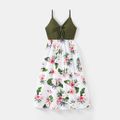 Solid Spaghetti Strap Twist Knot V Neck Splicing Floral Print Dress for Mom and Me Green/White