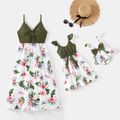 Solid Spaghetti Strap Twist Knot V Neck Splicing Floral Print Dress for Mom and Me Green/White