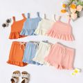 2-piece Toddler Girl Solid Color Ribbed Ruffled Camisole and Elasticized Shorts Set Light Pink image 2