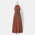 All Over Red Floral Print Halter Neck Off Shoulder Sleeveless Maxi Dress for Mom and Me Multi-color