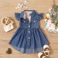 2pcs Baby Girl Flutter-sleeve Button Up Blue Denim Dress with Headband Set Blue