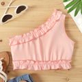 Kid Girl Solid Color Ruffled One Shoulder Tank Top Pink