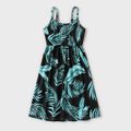 Family Matching All Over Plant Print Spaghetti Strap Midi Dresses and Splicing Short-sleeve T-shirts Sets Black