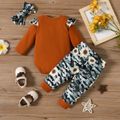 3pcs Letter and Floral Print Ruffle and Bow Tie Decor Long-sleeve Romper and Pants with Headband Gold or Coffe Baby Set Coffee