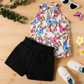 2-piece Kid Girl Butterfly Print Halter Tee and Belted Black Shorts Set Multi-color