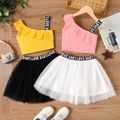 2-piece Kid Girl Letter Print Sleeveless One Shoulder Camisole and Mesh Skirt Set Pink image 2