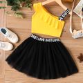 2-piece Kid Girl Letter Print Sleeveless One Shoulder Camisole and Mesh Skirt Set Yellow image 1