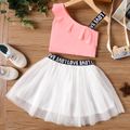 2-piece Kid Girl Letter Print Sleeveless One Shoulder Camisole and Mesh Skirt Set Pink image 1