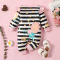 100% Cotton Stripe and Polka Dots Print Ruffle Decor Long-sleeve Pink Jumpsuit Pink