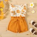 2pcs Floral Allover Ruffle Decor Flutter-sleeve Top and Solid Belt Decor Shorts Orange Toddler Set Orange